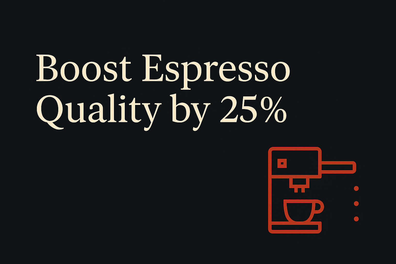 Dark charcoal background with cream text, simple espresso machine icon in orange, spacious layout.