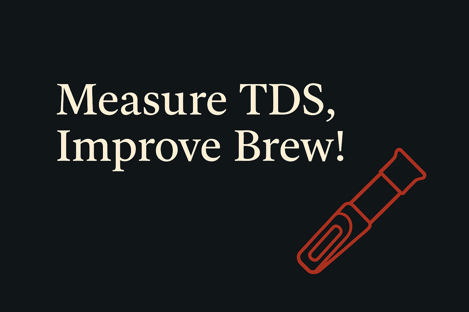 Dark charcoal background with cream text saying 'Measure TDS, Improve Brew!' and an orange refractometer silhouette.
