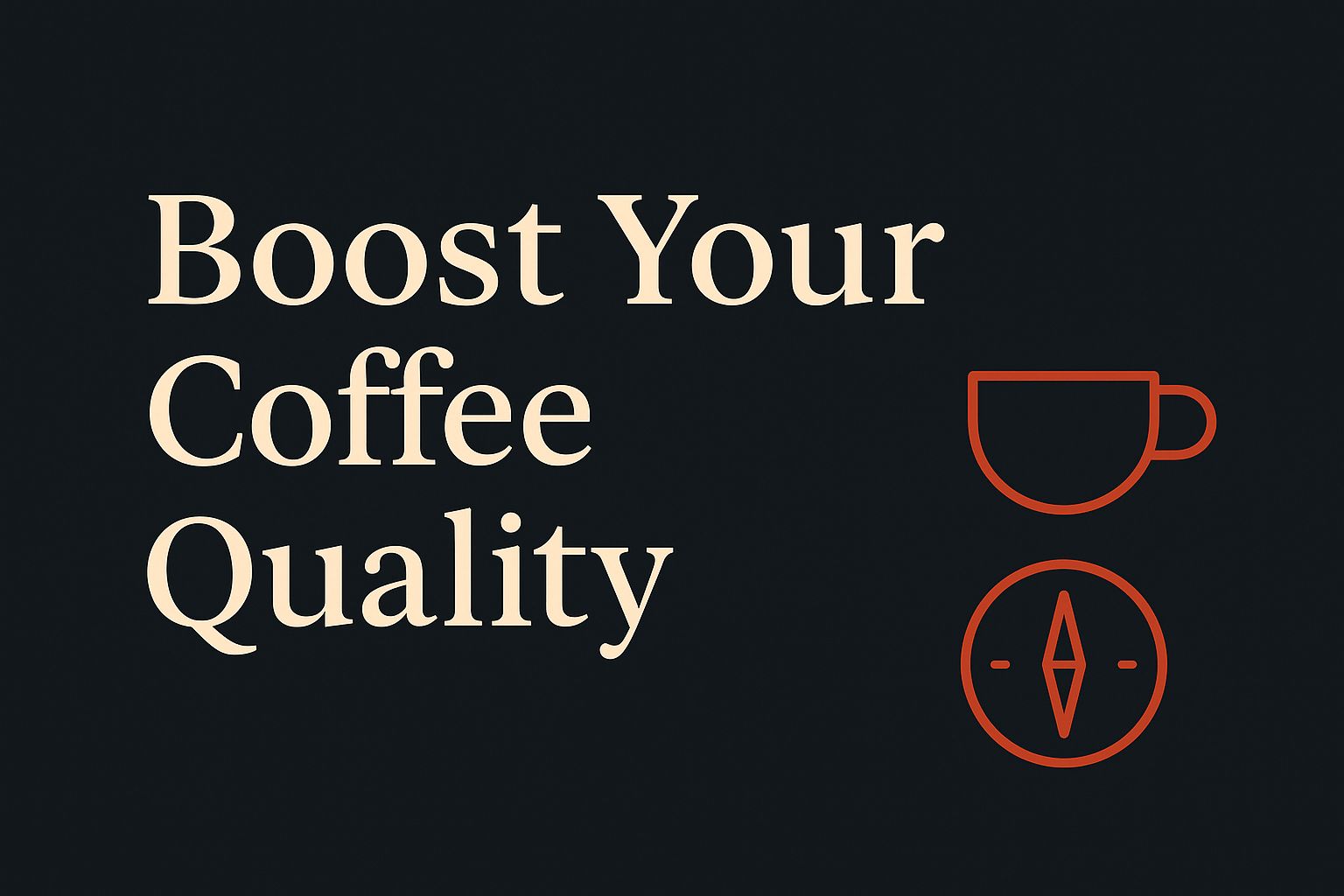 Coffee cup and compass icon on dark background with bold cream text.