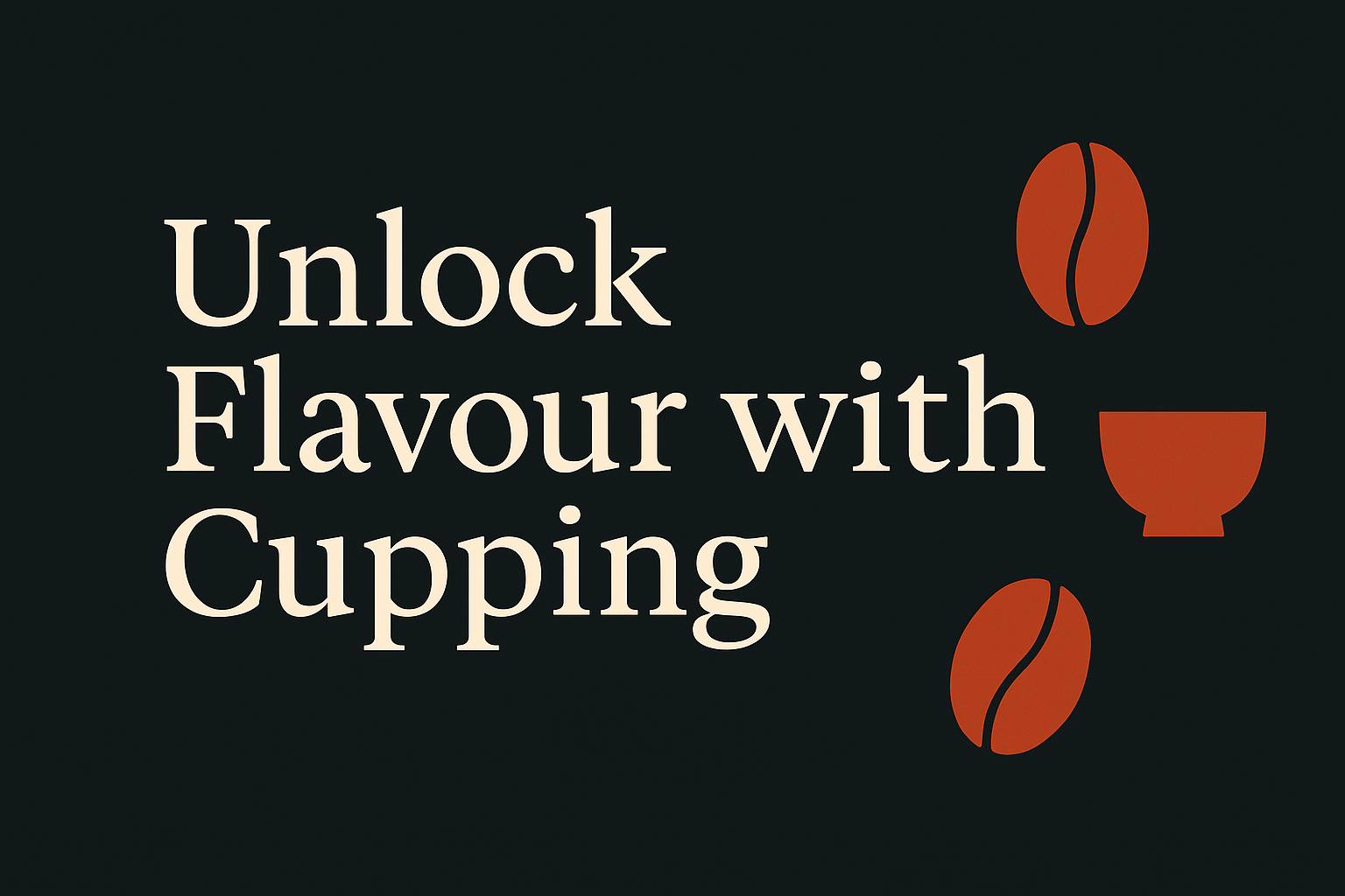 Image with cream text blurb on dark background and orange coffee bean graphics.