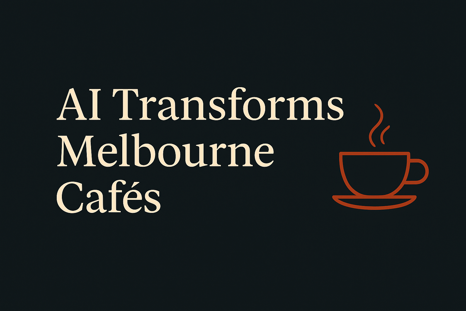 Dark background, cream 'AI Transforms Melbourne Cafés', with orange coffee cup icon