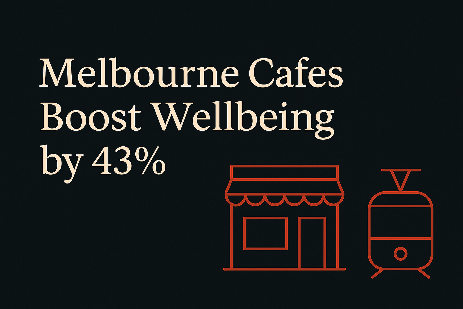 Dark background with cream text, orange cafe and tram icons