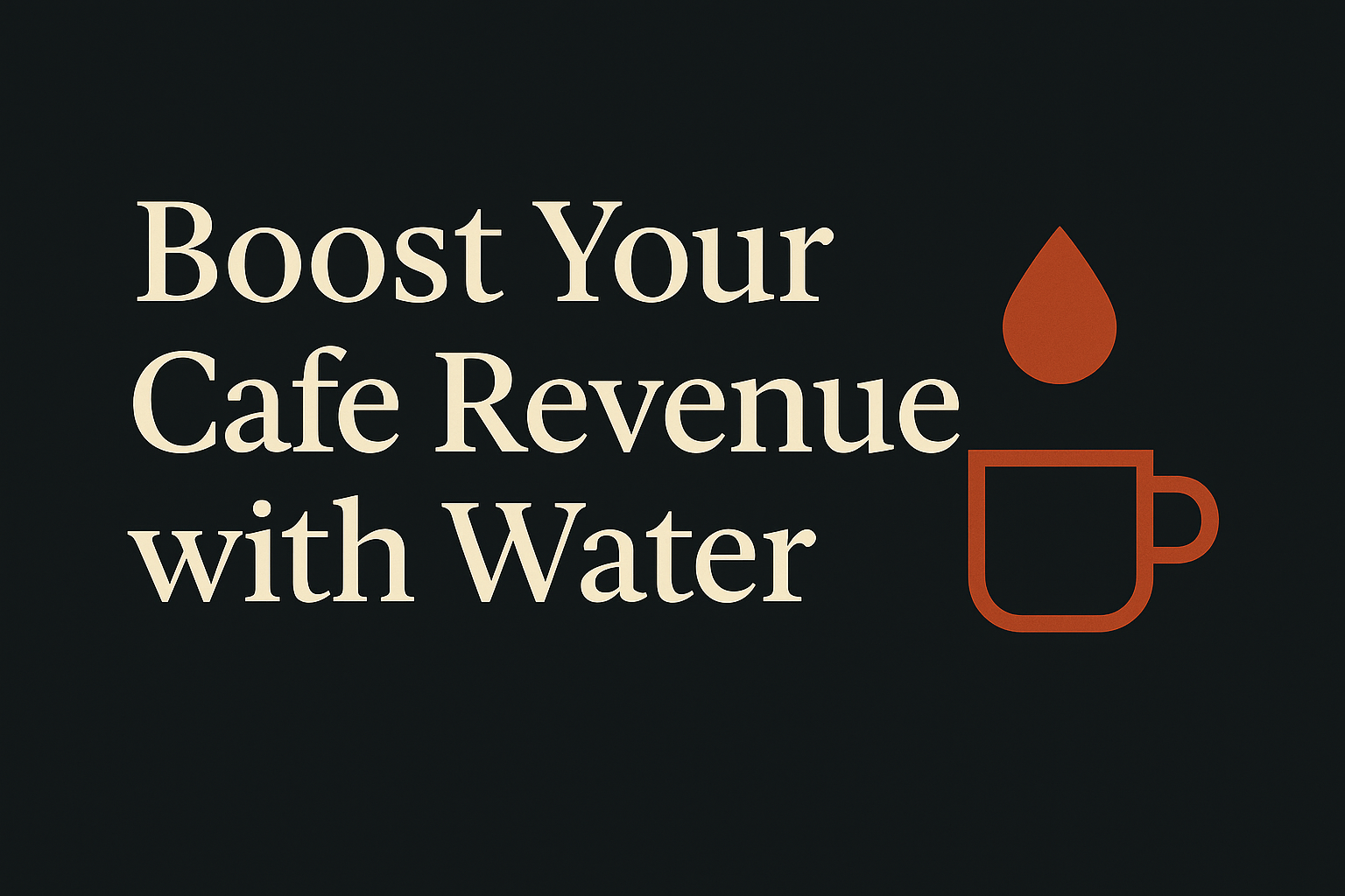 Dark background, cream text, and orange coffee cup with water droplet.
