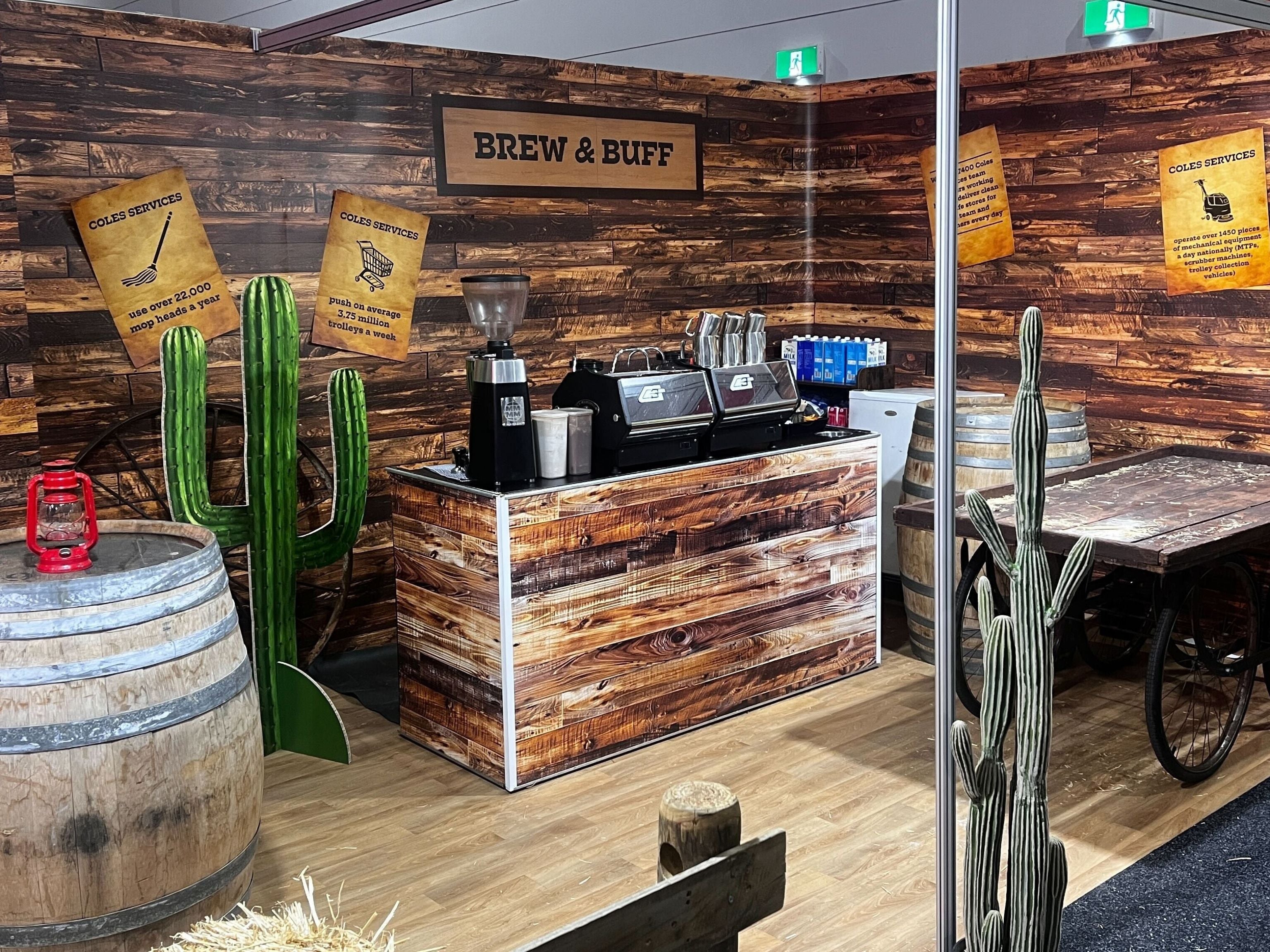 Brew and buff branded coffee cart at Melbourne trade show event
