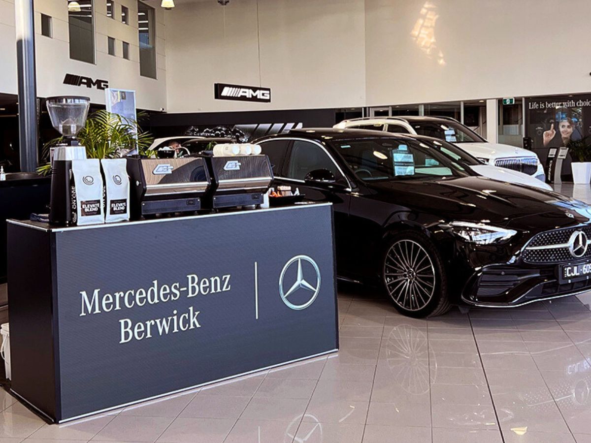 Mercedes Benz branded coffee cart at retail activation event