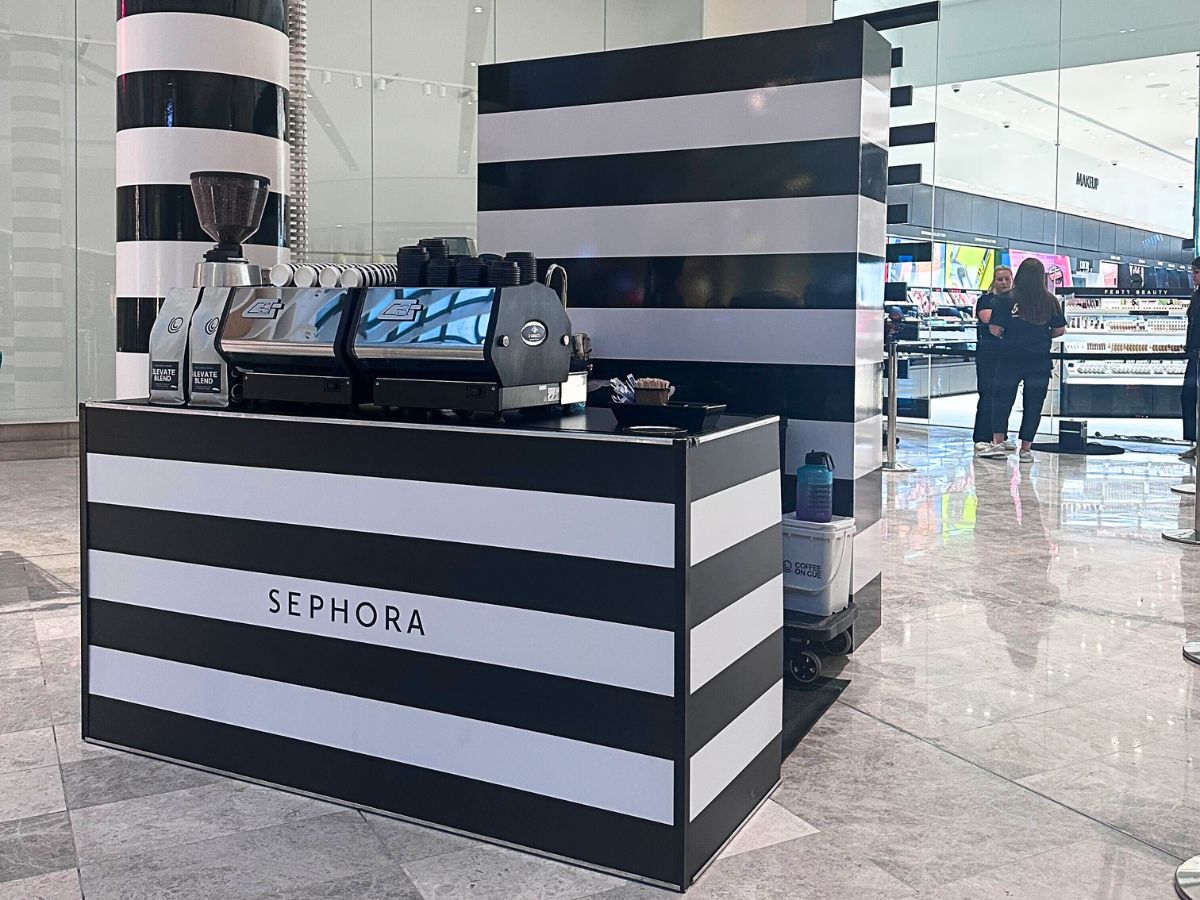 Sephora fully wrapped branded coffee cart for activation