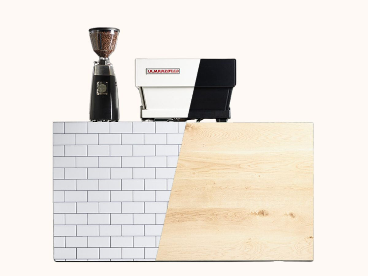 Subway tile and timber themed coffee cart styling
