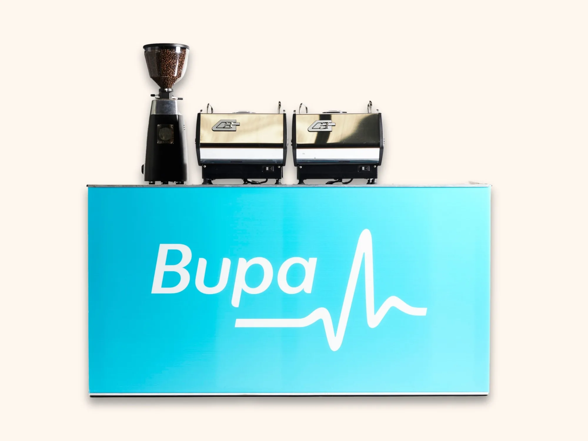 A Coffee on Cue cart with a custom-branded front panel for a corporate client