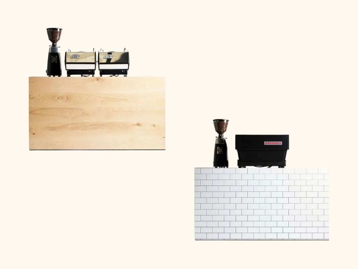 Two themed Coffee on Cue carts, one with a timber front and one with white subway tiles