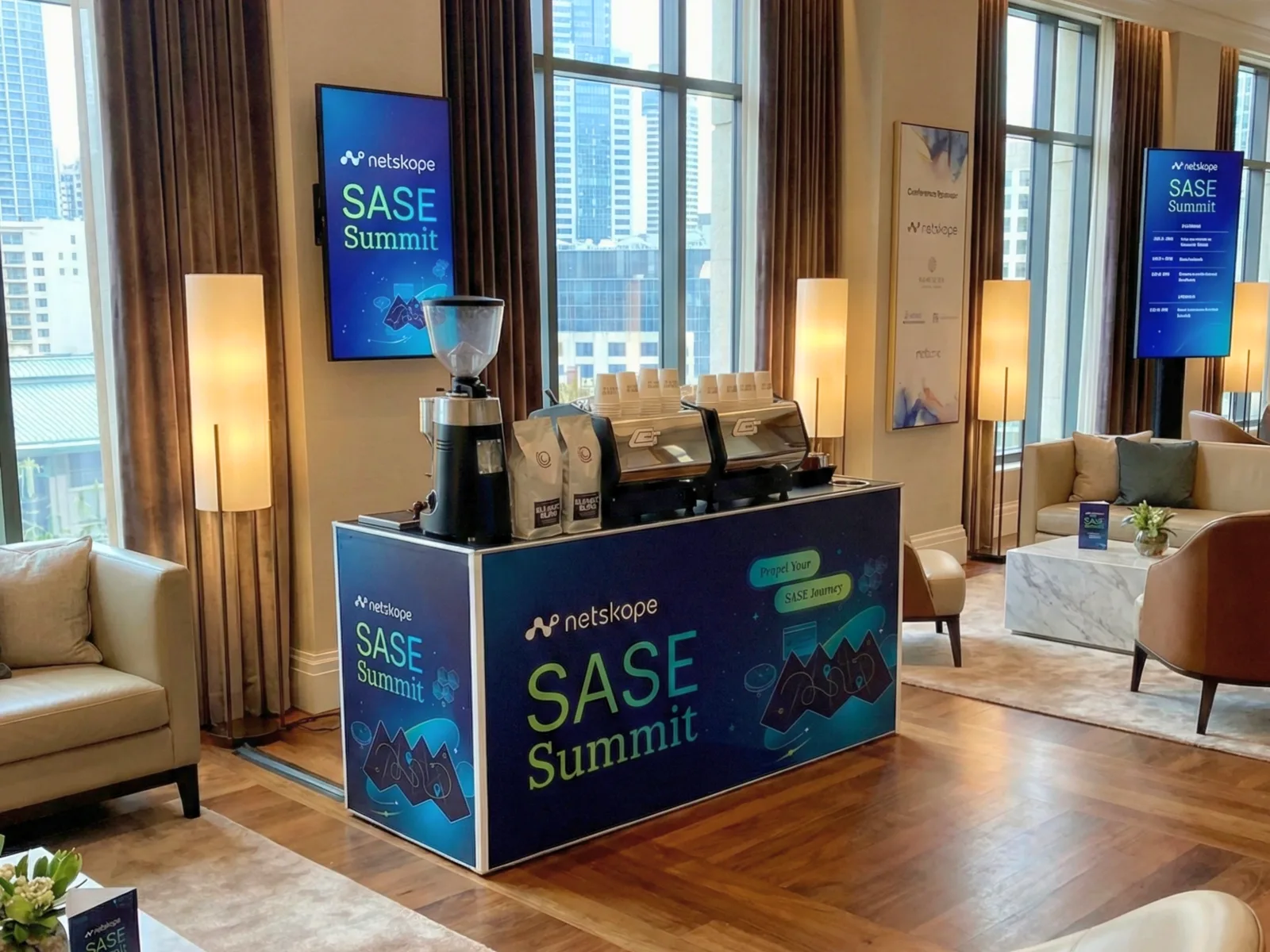 A fully wrapped Coffee on Cue coffee cart branded for a conference sponsor in a premium hotel lounge