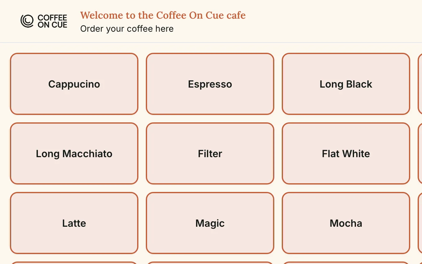 The coffee ordering screen in Coffee on Cue colours, with our logo above the menu