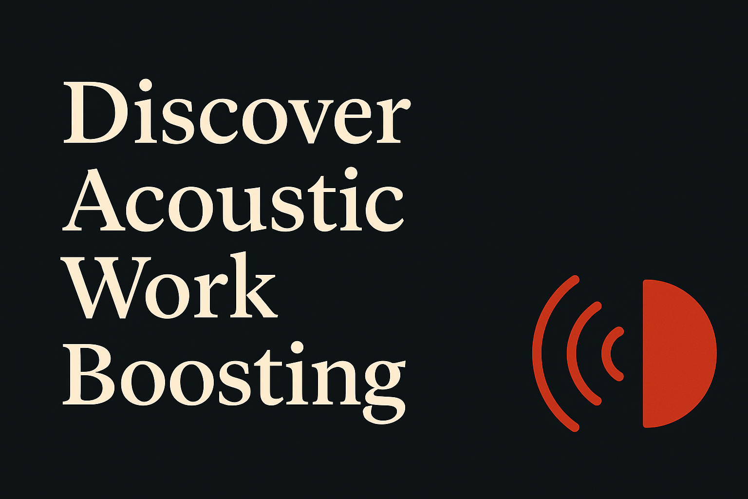 Dark background with cream text and orange sound wave icons, emphasizing acoustics and productivity.