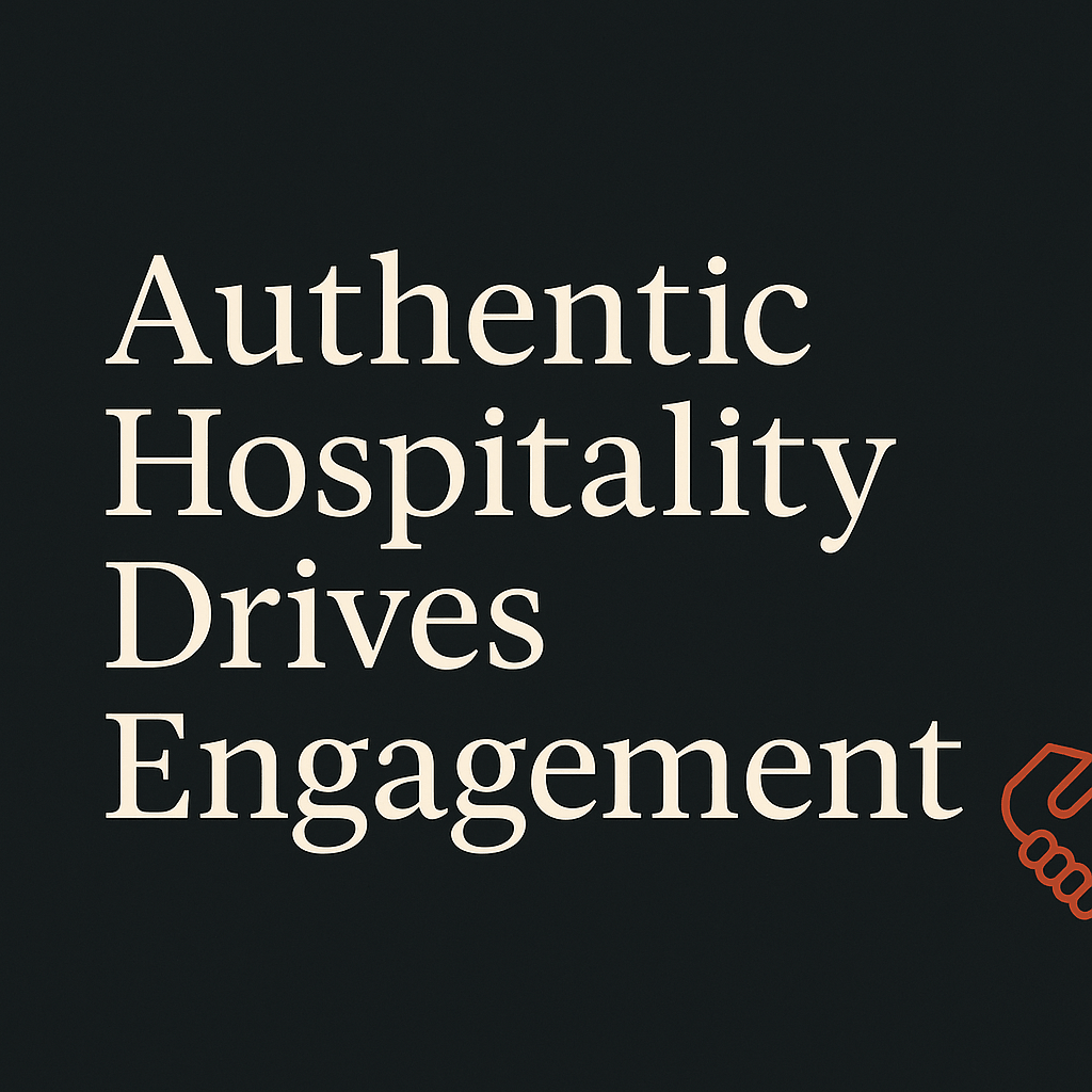 Dark background with cream text, orange handshake icon for genuine service theme.