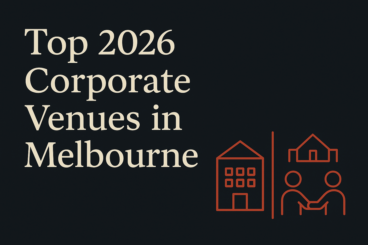 Dark background with cream text and orange Melbourne venue and business icons