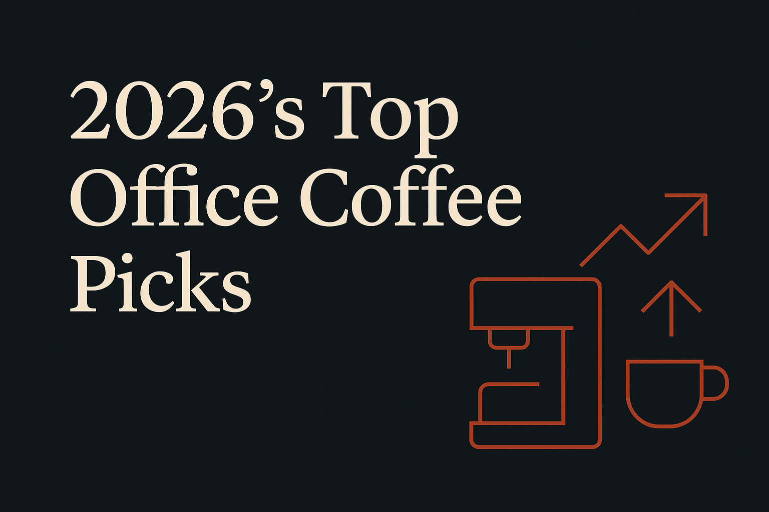 Dark background with cream text, orange coffee machine icon, and arrows