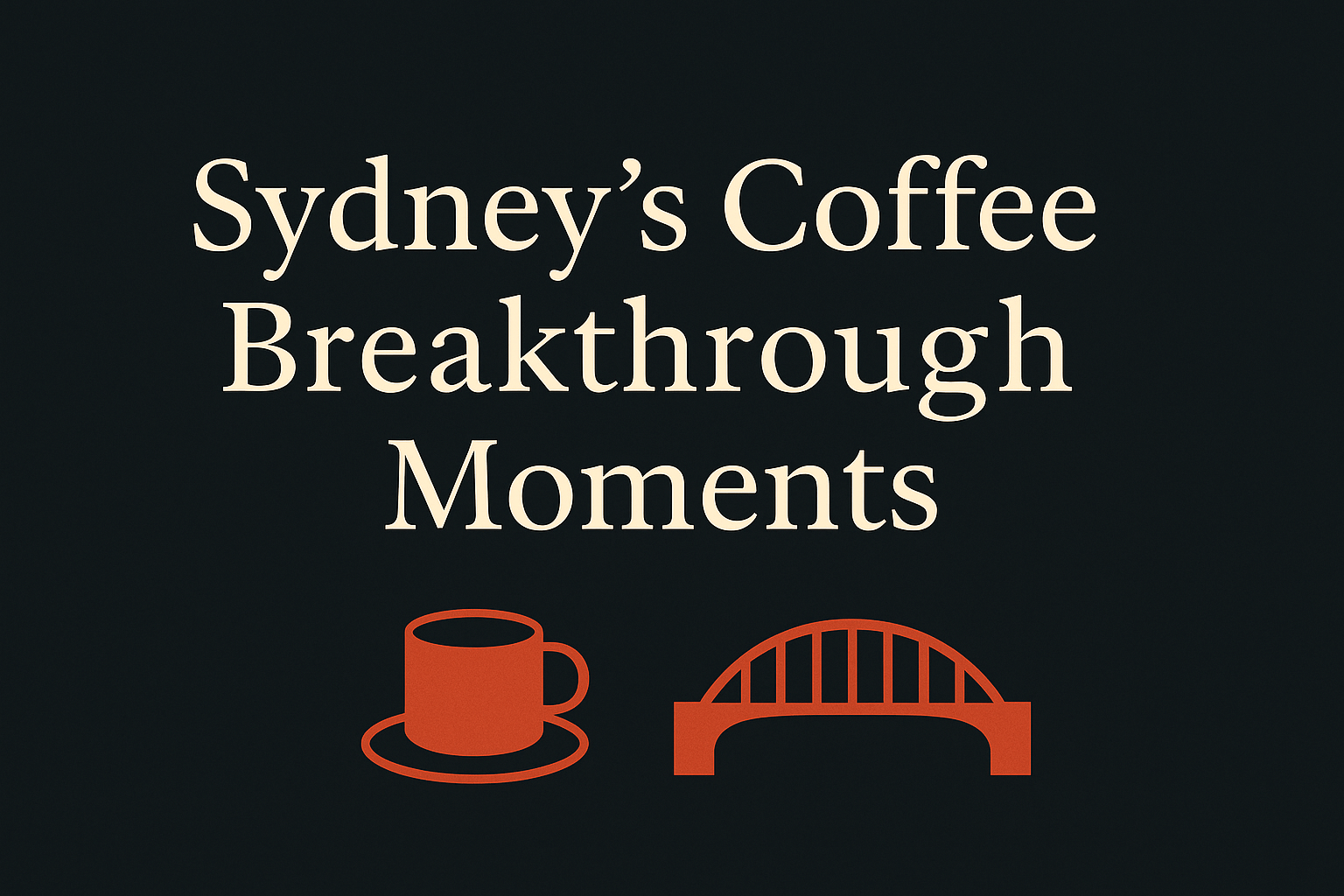 Dark background with cream text, orange coffee cup, and Sydney bridge silhouette.