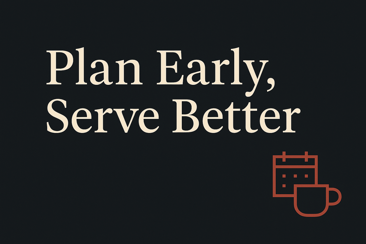 Dark background with cream text, orange coffee cup and calendar icons, spacious design.