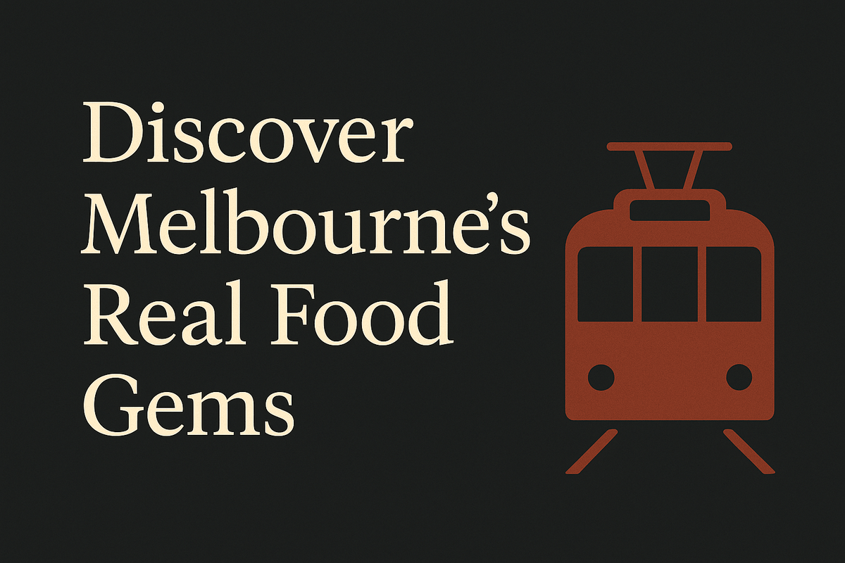 Dark background with cream text and orange tram silhouette icon, spacious and minimalistic.