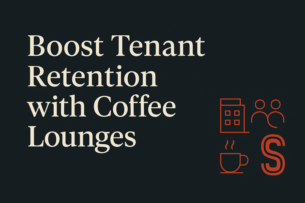 Dark background with cream text, office icons, and tenant interaction graphics.