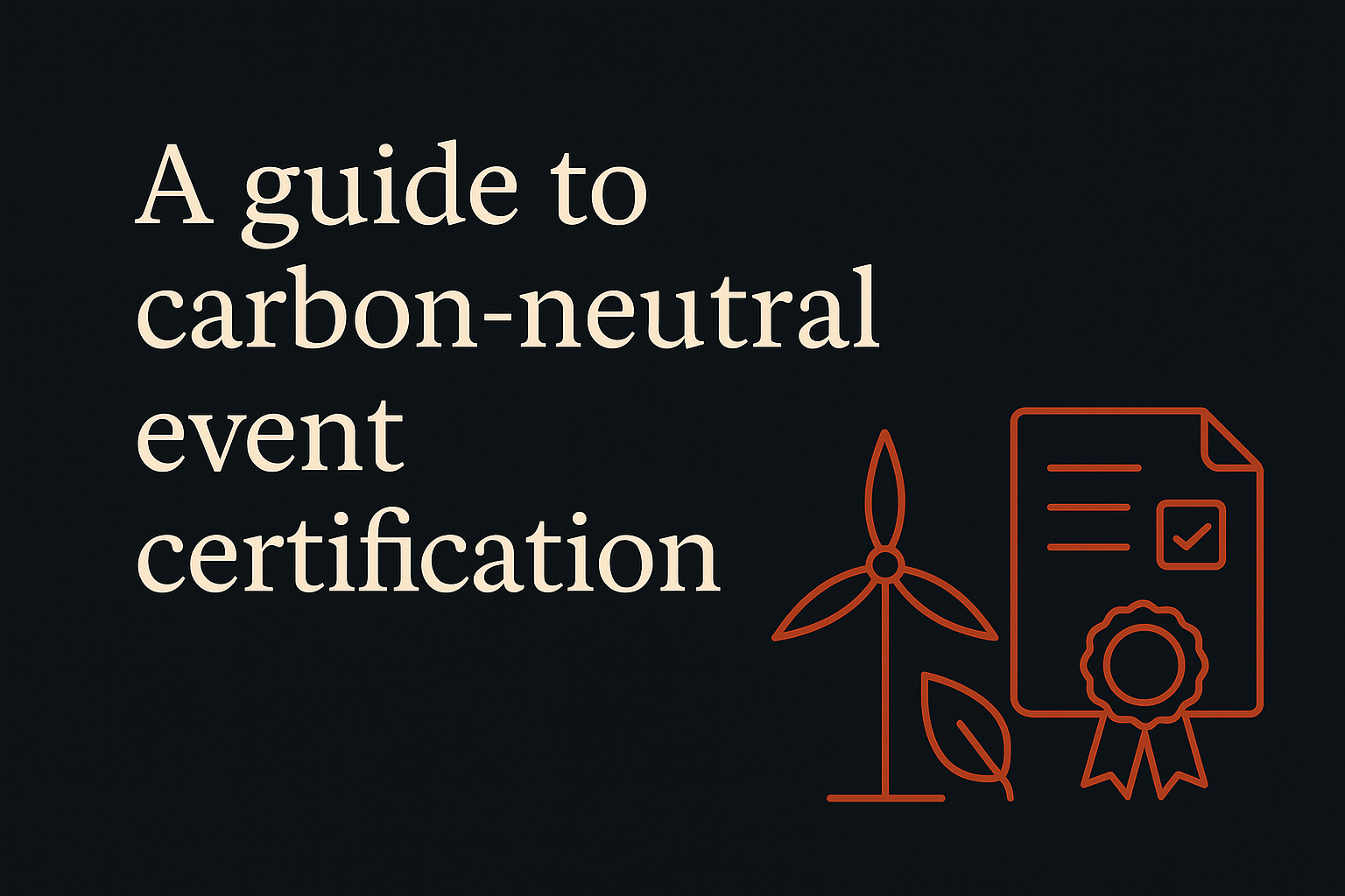 Charcoal background with cream text blurb; includes orange eco-friendly icon for event planners.
