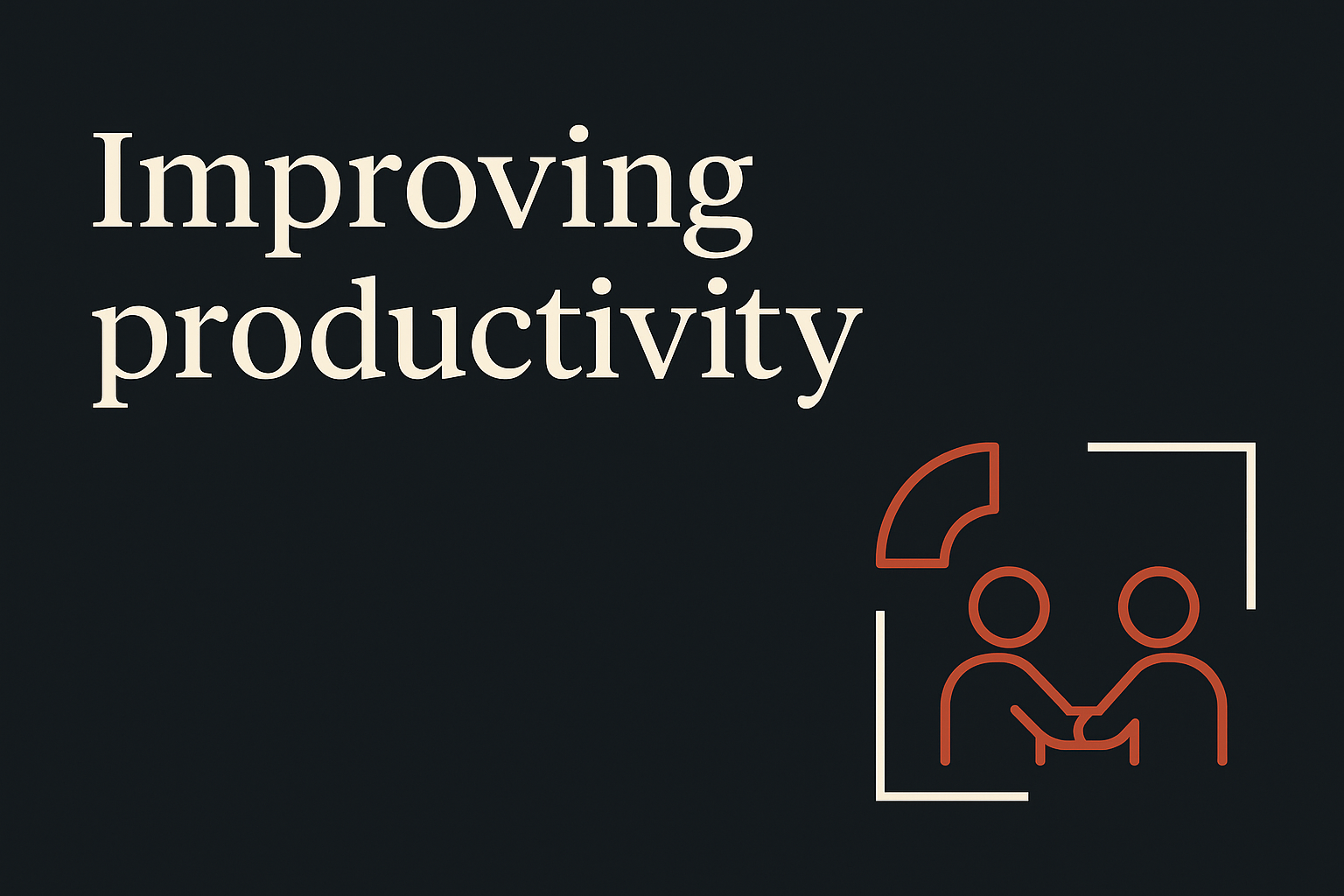 Dark background with cream text and orange icons of progress and collaboration.