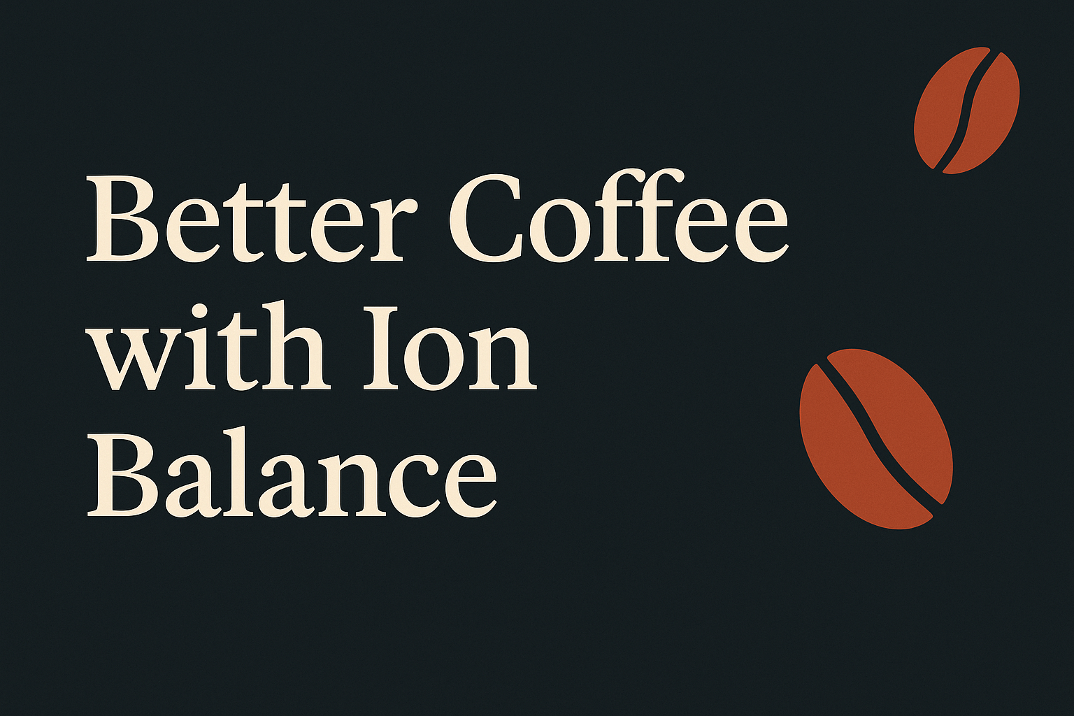 Dark background with cream text, orange coffee bean symbols and geometric shapes