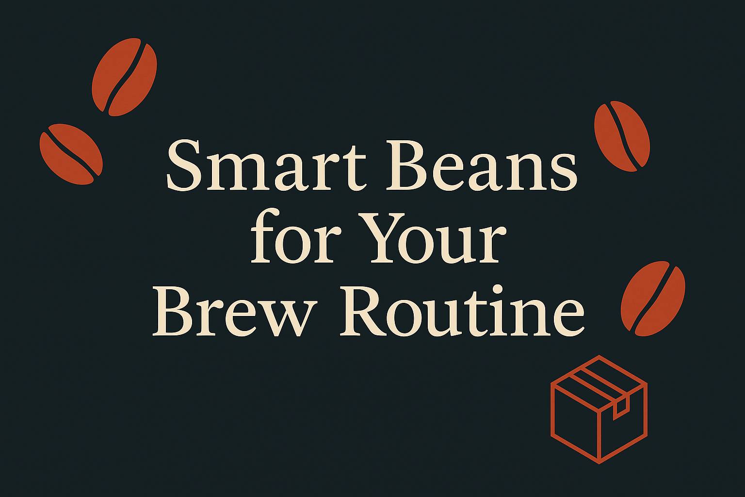 Dark background, cream text, orange coffee bean shapes and delivery box icon.