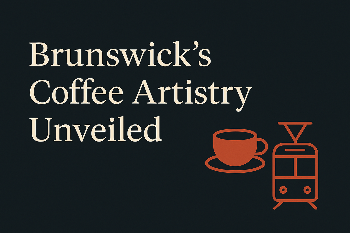 Dark design with cream text, coffee cup, and tram symbols.
