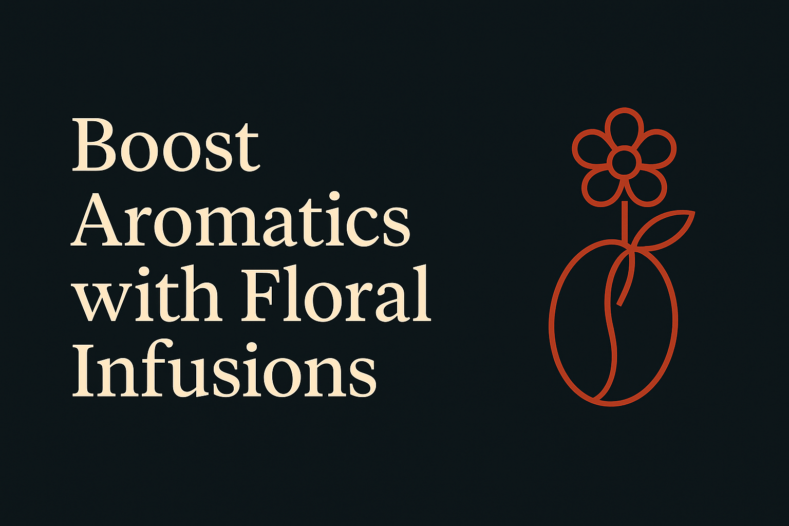 Cream text with coffee bean and floral infusion icon on dark background