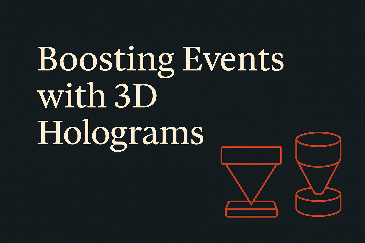 Dark background, cream text 'Boosting Events', orange holographic display icons for corporate events.