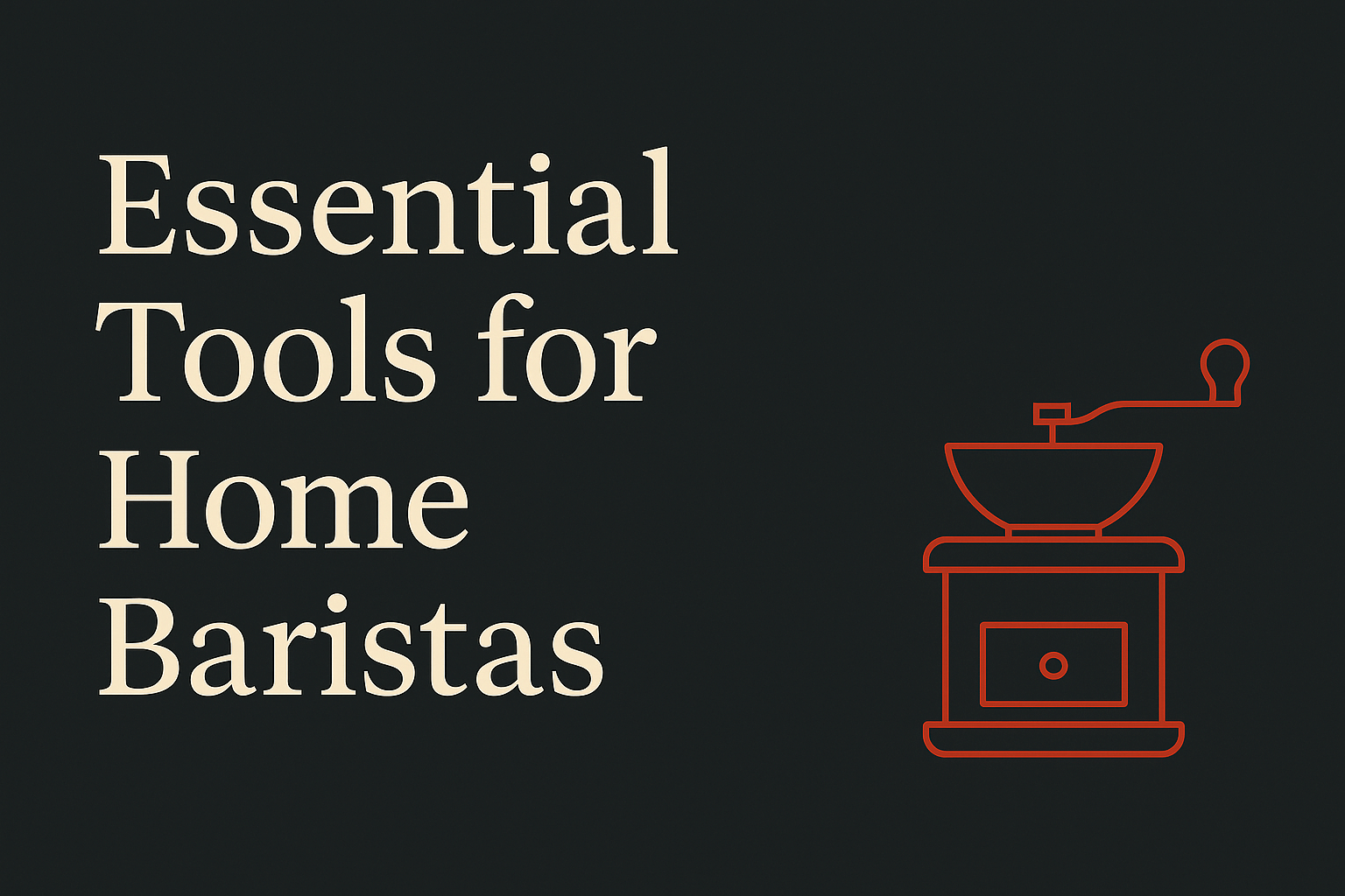 Dark background with cream text; orange coffee grinder silhouette accentuates the title.