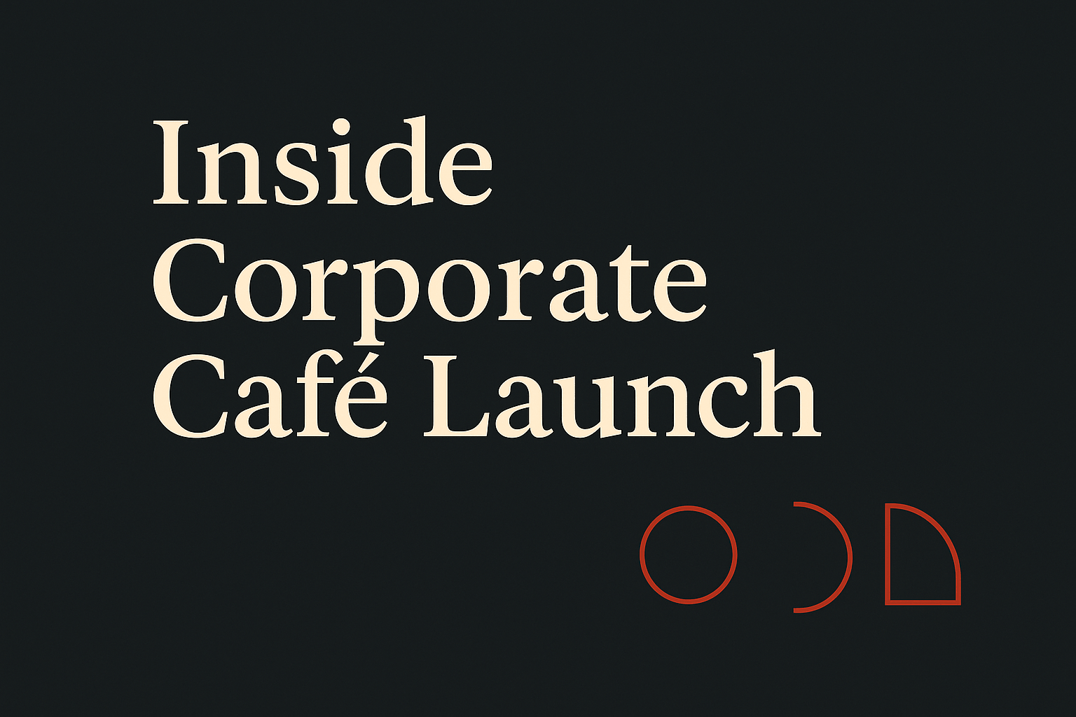 Dark background with cream text about café launch, orange progress indicators