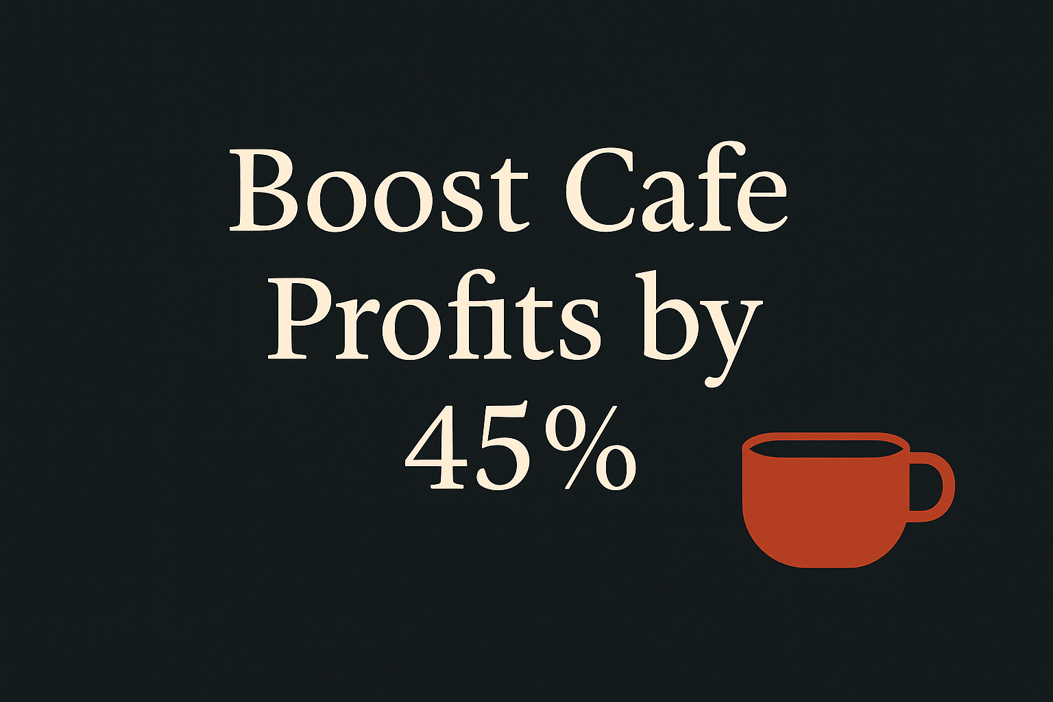 Dark background with cream text and orange coffee cup icon