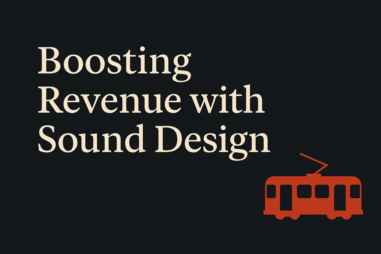 Dark background, cream text 'Boosting Revenue with Sound Design', orange tram icon accent
