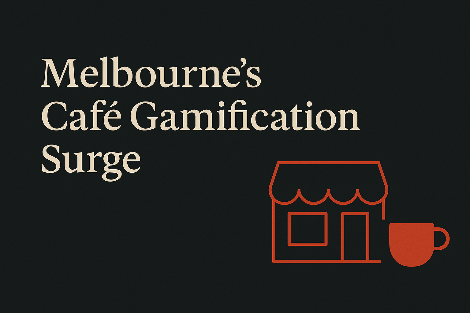 Dark background with cream text, café storefront and coffee cup icon in orange.