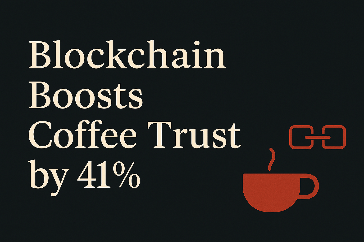 Dark background with cream text, coffee cup, and blockchain symbols in orange.