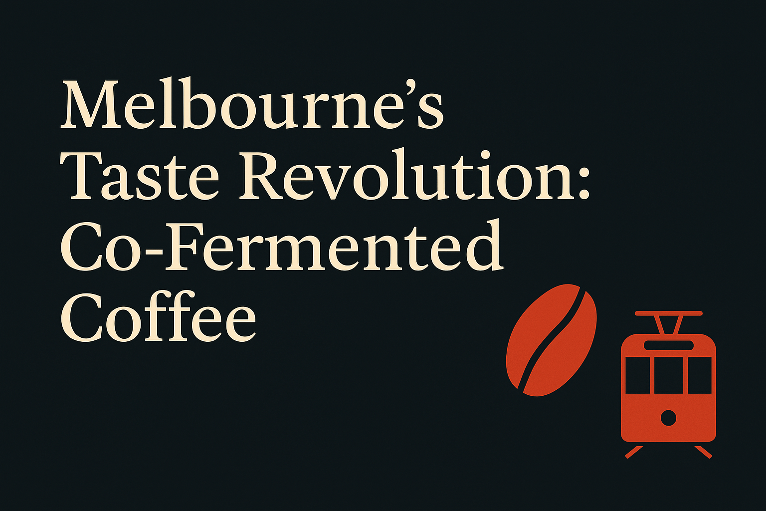 Dark background featuring cream text with coffee bean and tram graphics.