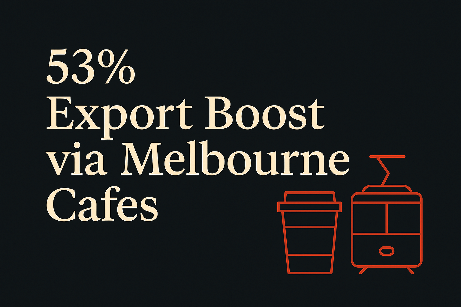 Dark background with cream text and orange coffee cup and tram icons.