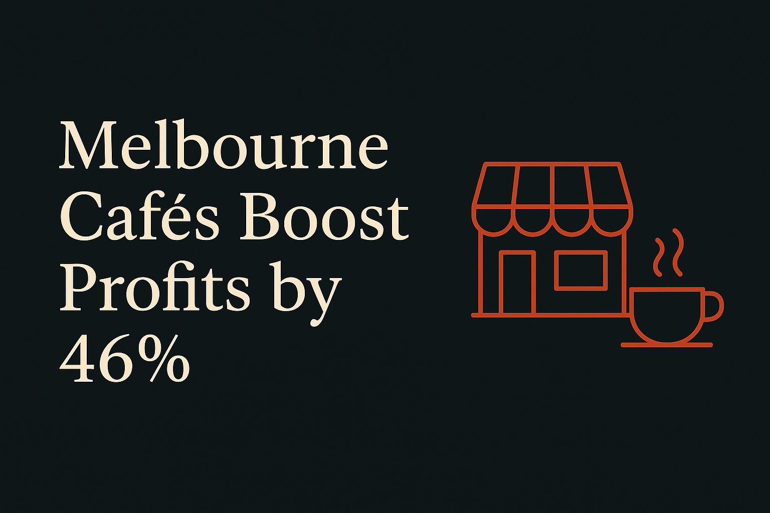 Dark background with cream text, orange cafe and coffee icons.