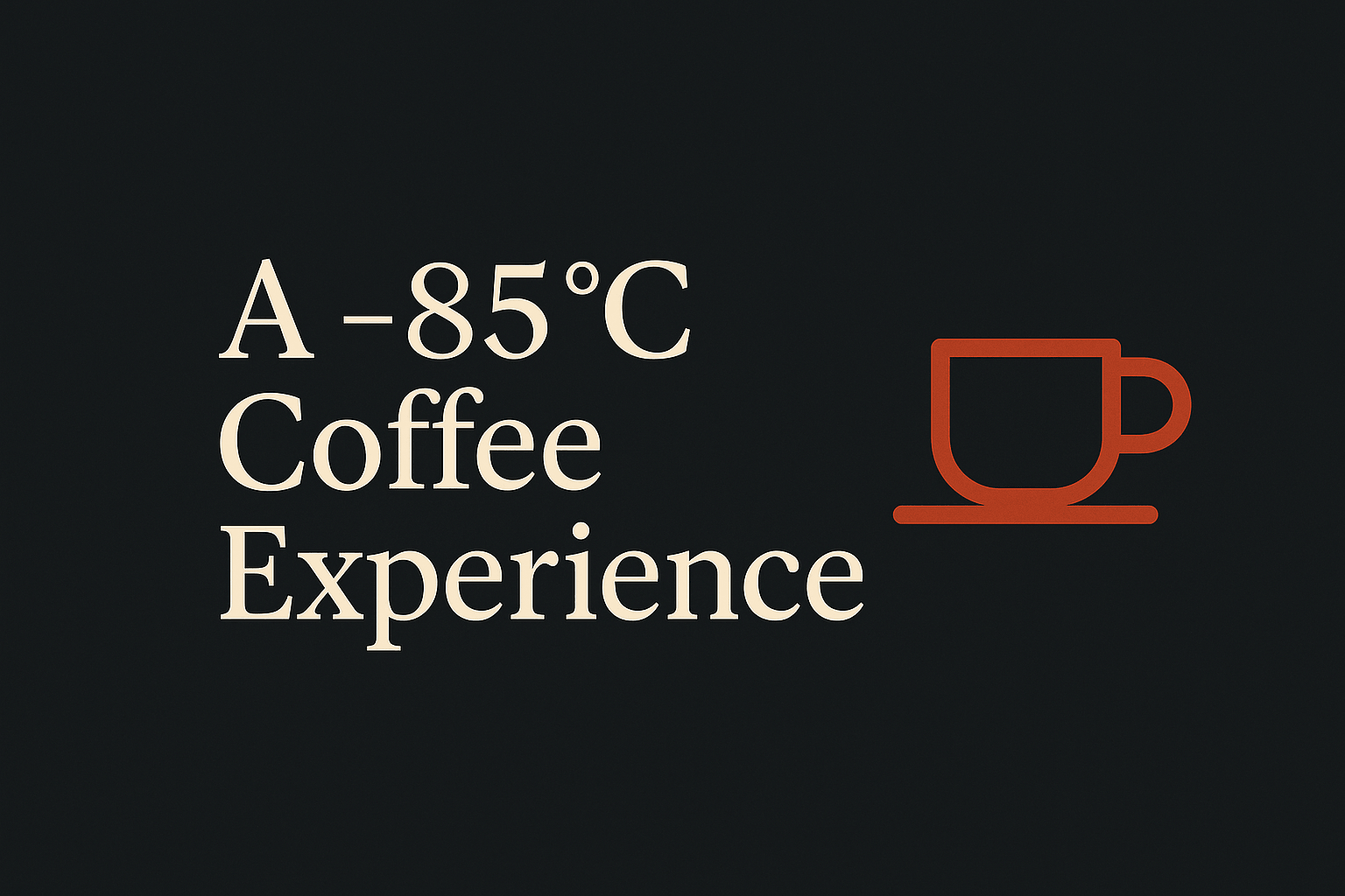 Dark background, cream text reads 'A -85°C Coffee Experience', coffee cup icon in orange.