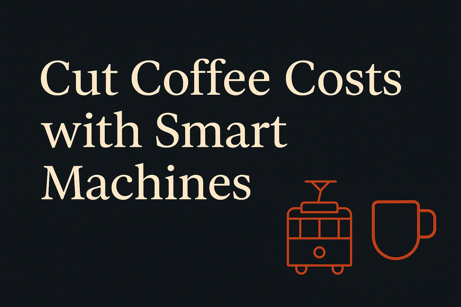Dark background with cream text and orange coffee cup, tram icons