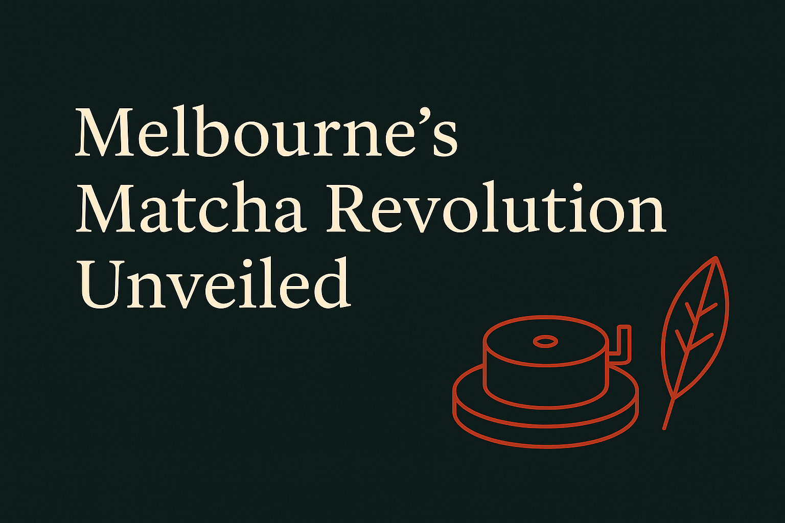 Dark background with cream text, orange matcha leaf, and grinding wheel outline.