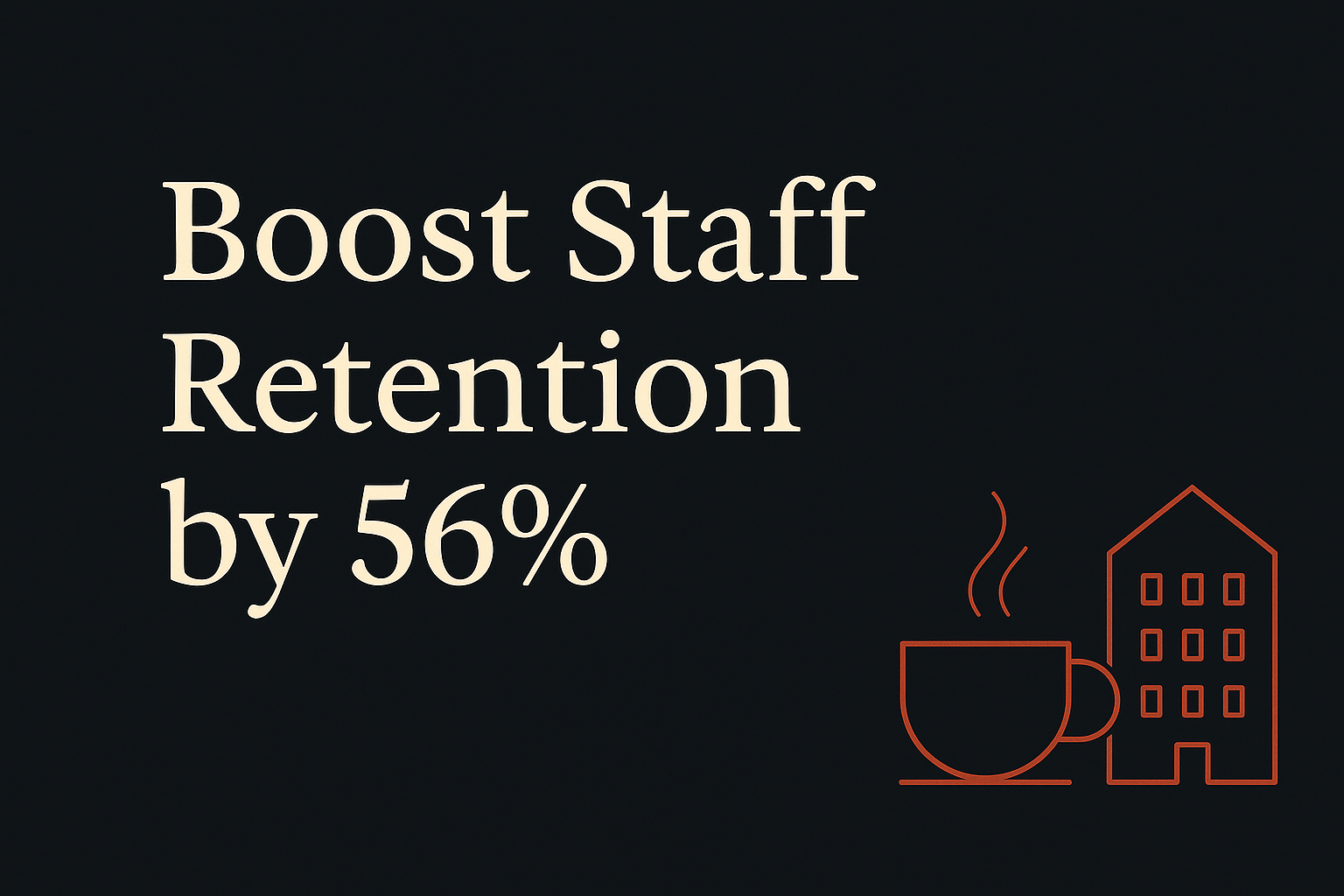 Dark background, cream text, orange coffee cup, and office building icons