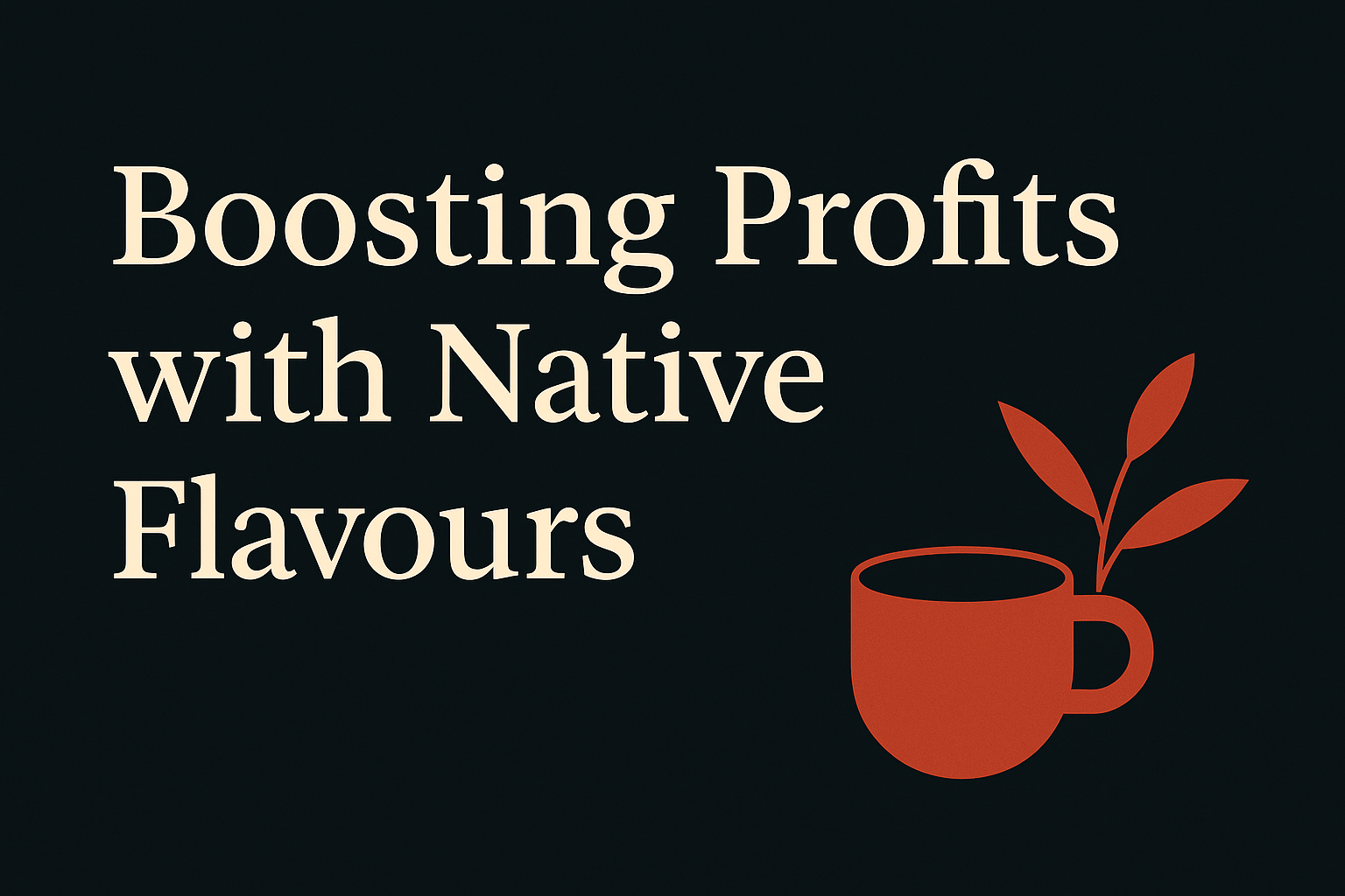 Dark background with cream text, orange coffee cup, and botanical symbols.