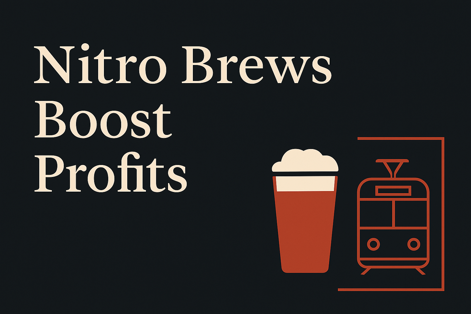 Dark background with nitro coffee and tram icons, cream text overlayed.