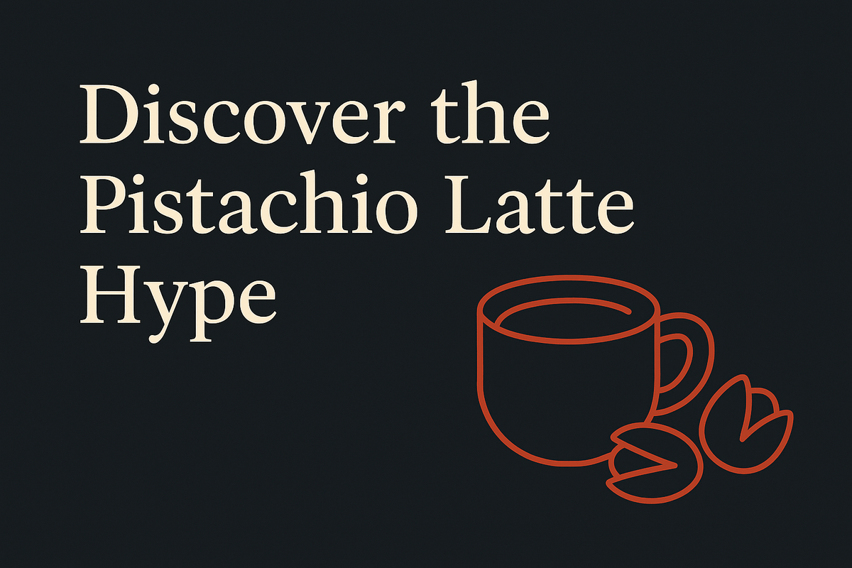 Dark background with cream text, latte cup, and pistachio nut icons in orange.