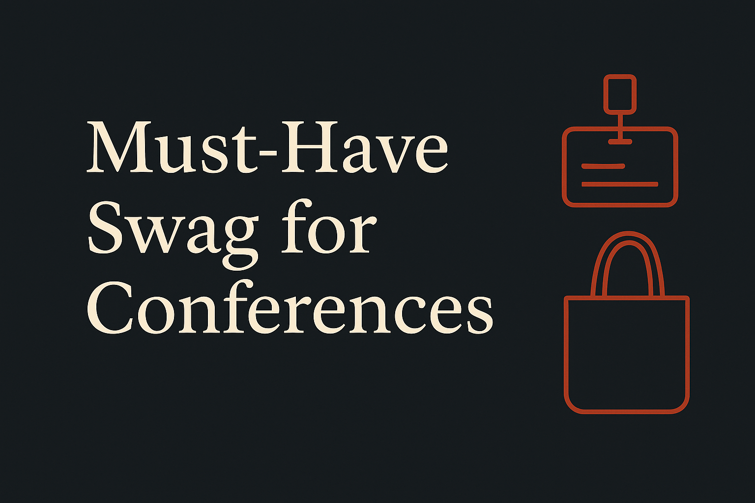 Dark background with cream text, featuring orange tote bag and badge icons.