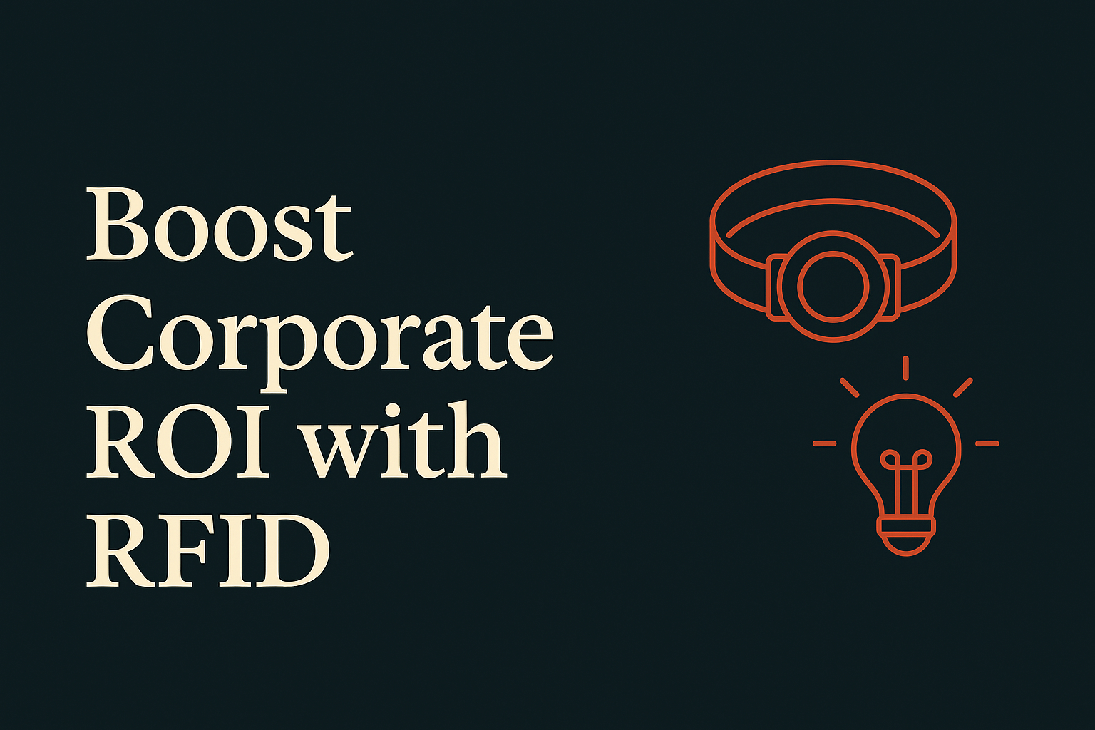 Dark background with cream text, RFID wristband icon, innovation symbol in orange.