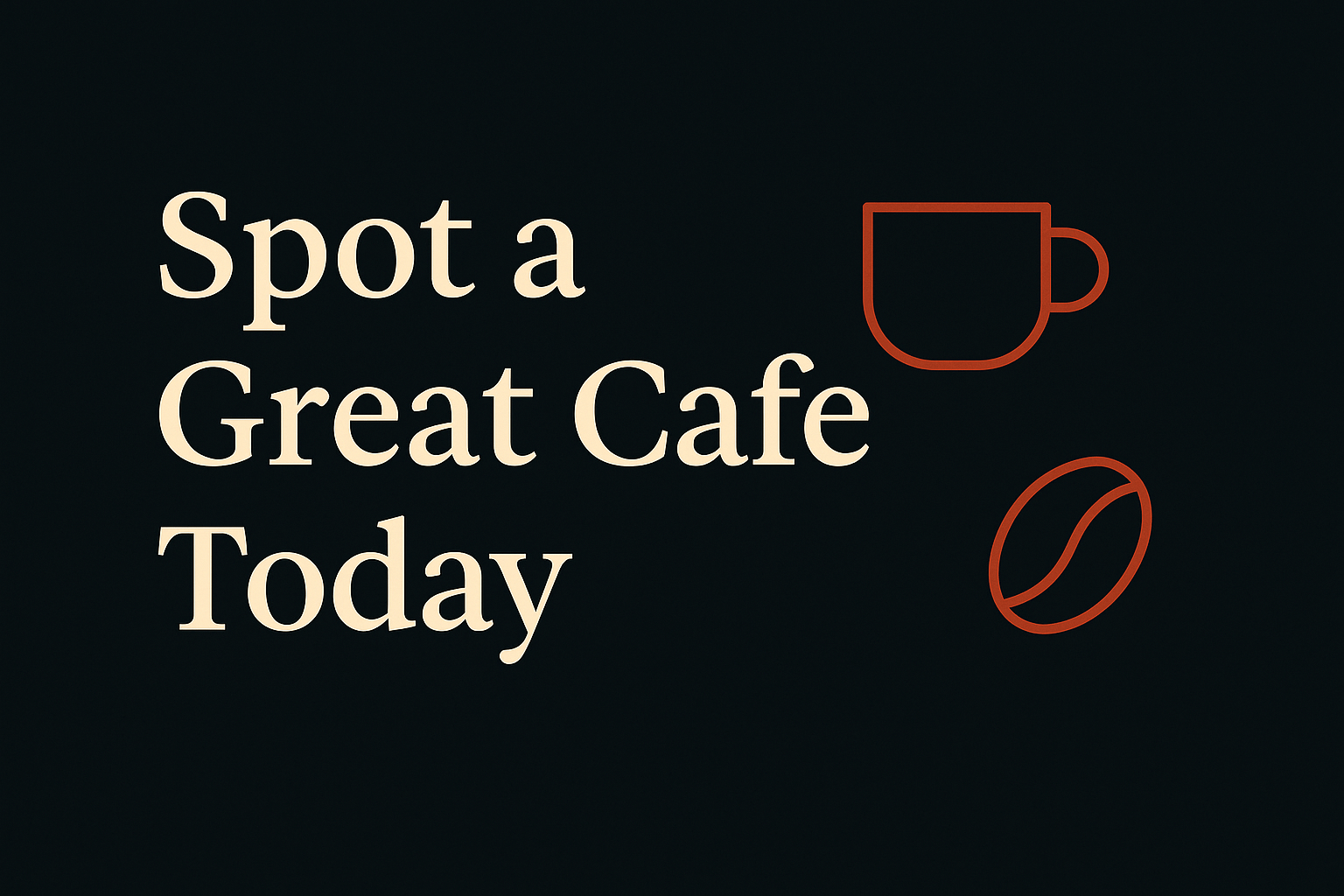 Dark background with cream text, orange coffee cup and bean icons.