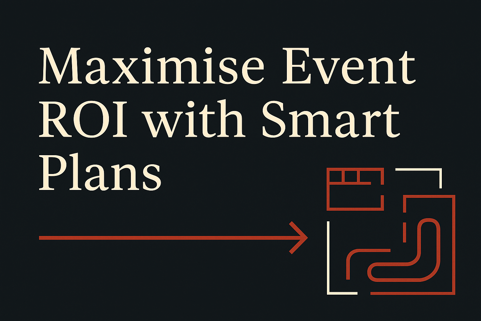 Dark background with cream text, featuring orange arrow and venue symbol design.